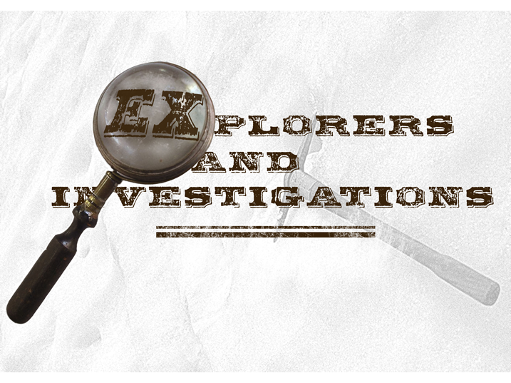 Title slide with the text Explorers and Investigations. The first two letters of explorers appear enlarged through the lens of a magnifying glass.