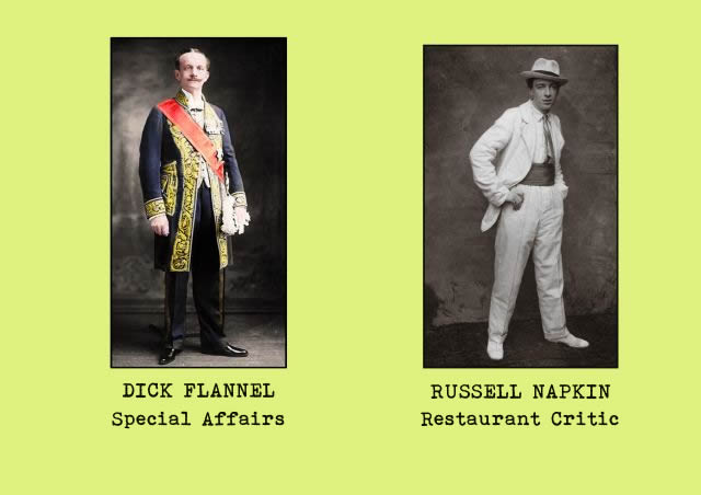 Portrait photgraphs of office staff members - Dick Flannel (special affairs) and Russell Napkin (restaurant critic)