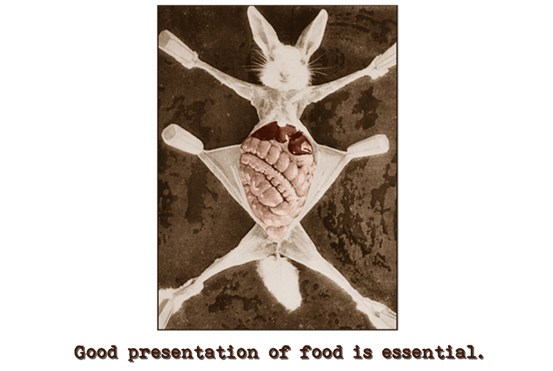 Image of a dead rabbit, paws pegged to a board in a spread-eagle fashion, with the skin of its abdomen cut and pulled to either side revealing its intestines and other internal organs.  Caption reads: Good presentation of food is essential.